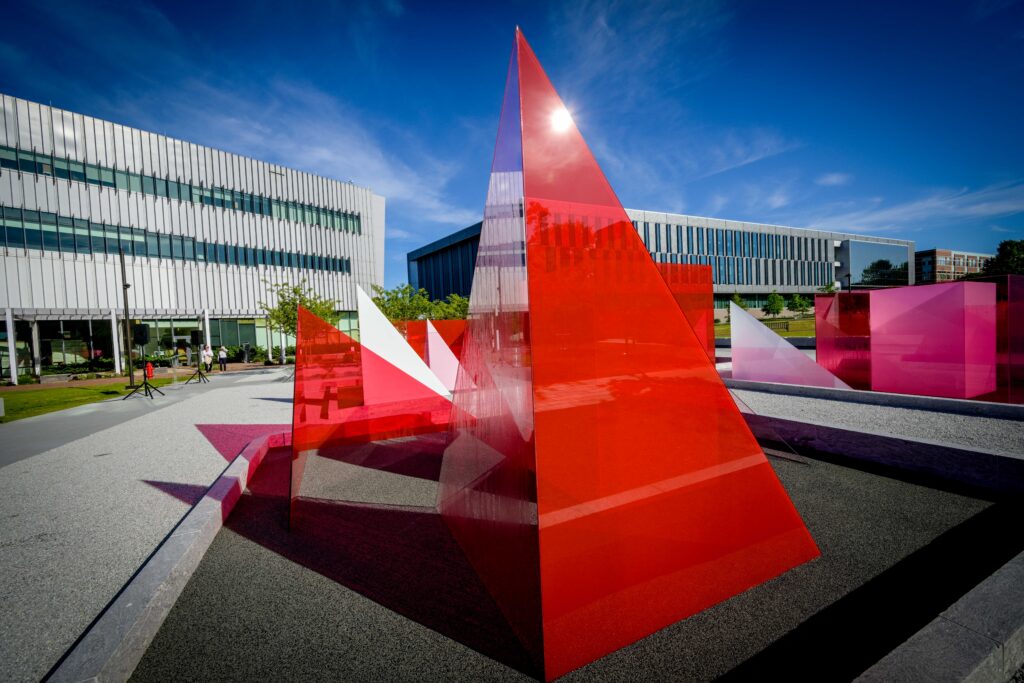 Stock image of Reds and Whites art installation outside of Hunt Library